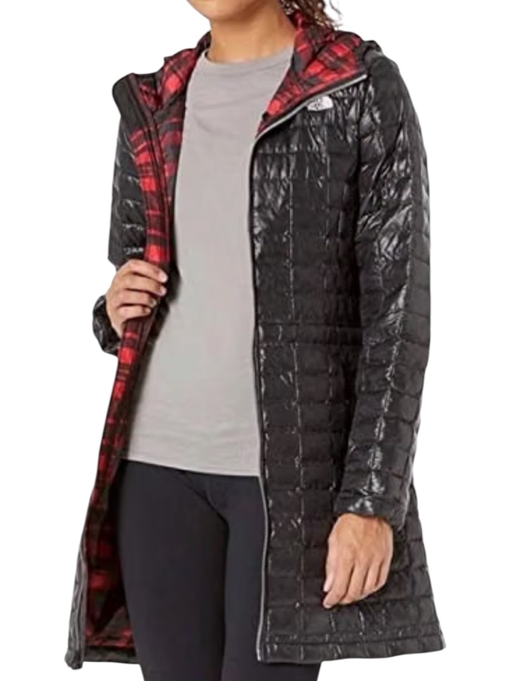 THE NORTH FACE Thermoball Eco Insulated Parka Hooded Jacket Black/Red Plaid | S
